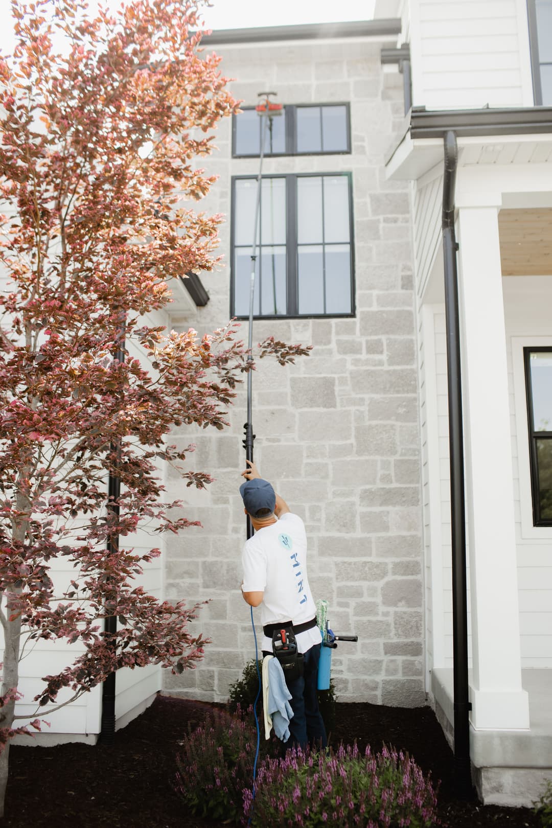Worker using a pole to clean windows on a modern home surrounded by landscaped plants.
