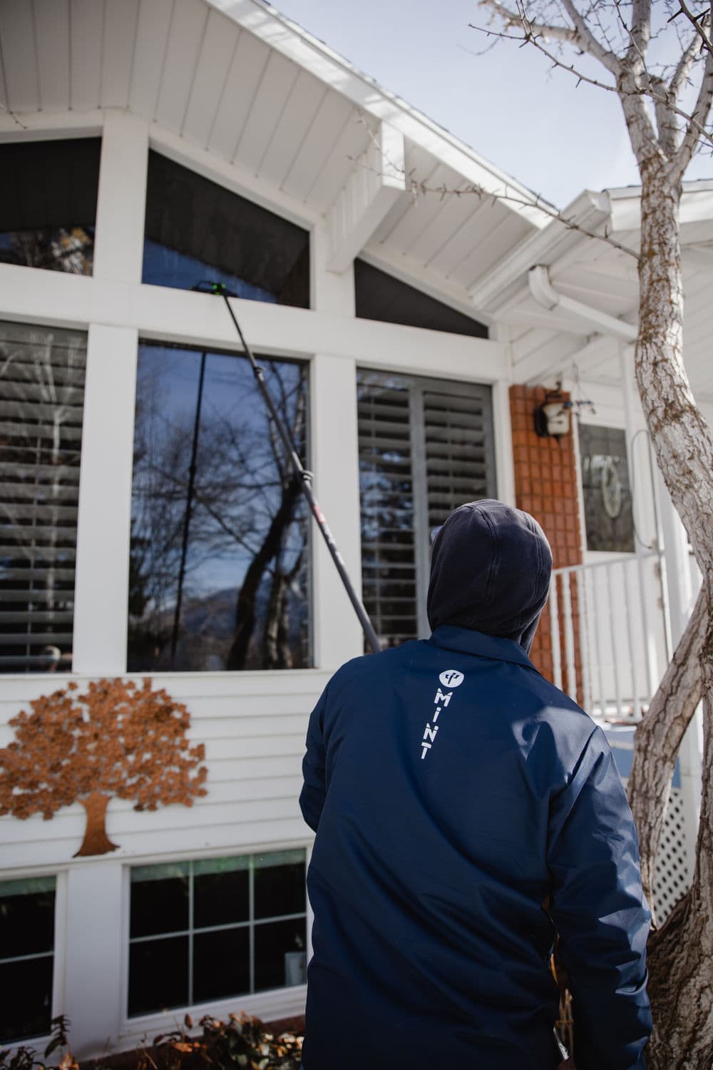 Person cleaning windows with a pole at a residential home on a sunny day.
